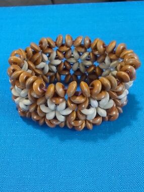 Handcrafted Boho Wood Beaded Stretch Bracelet - Brown & Cream Women Jewelry EUC
